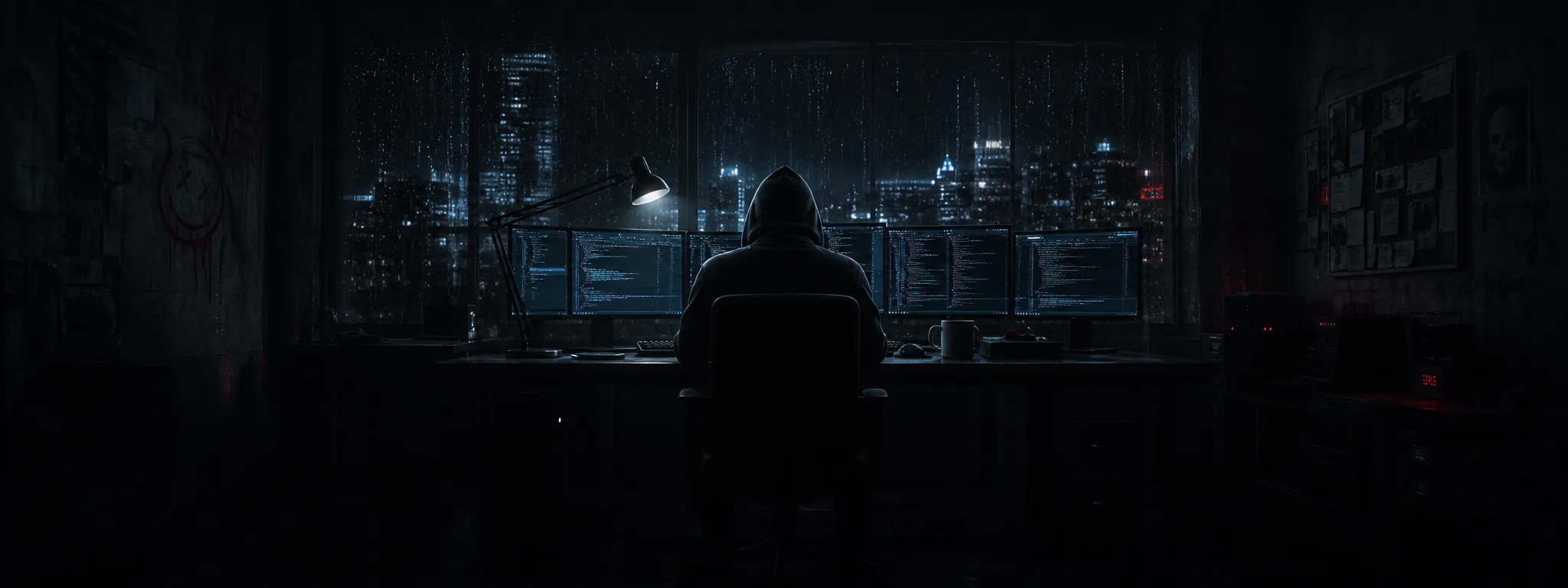 Cybersecurity workspace at night
